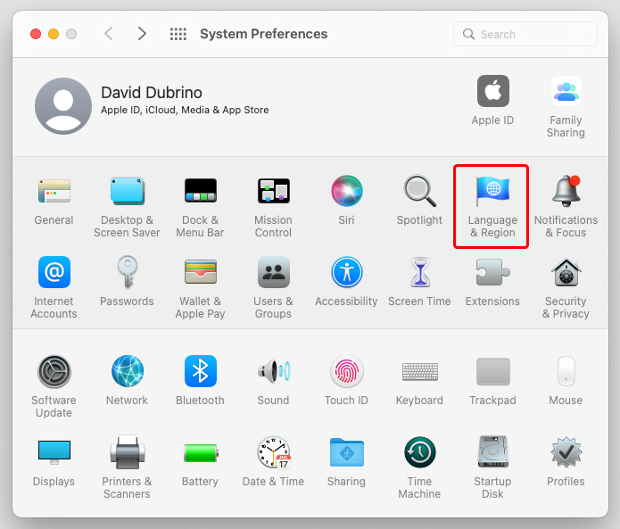 Click Language & Region on a Mac to change keyboard language